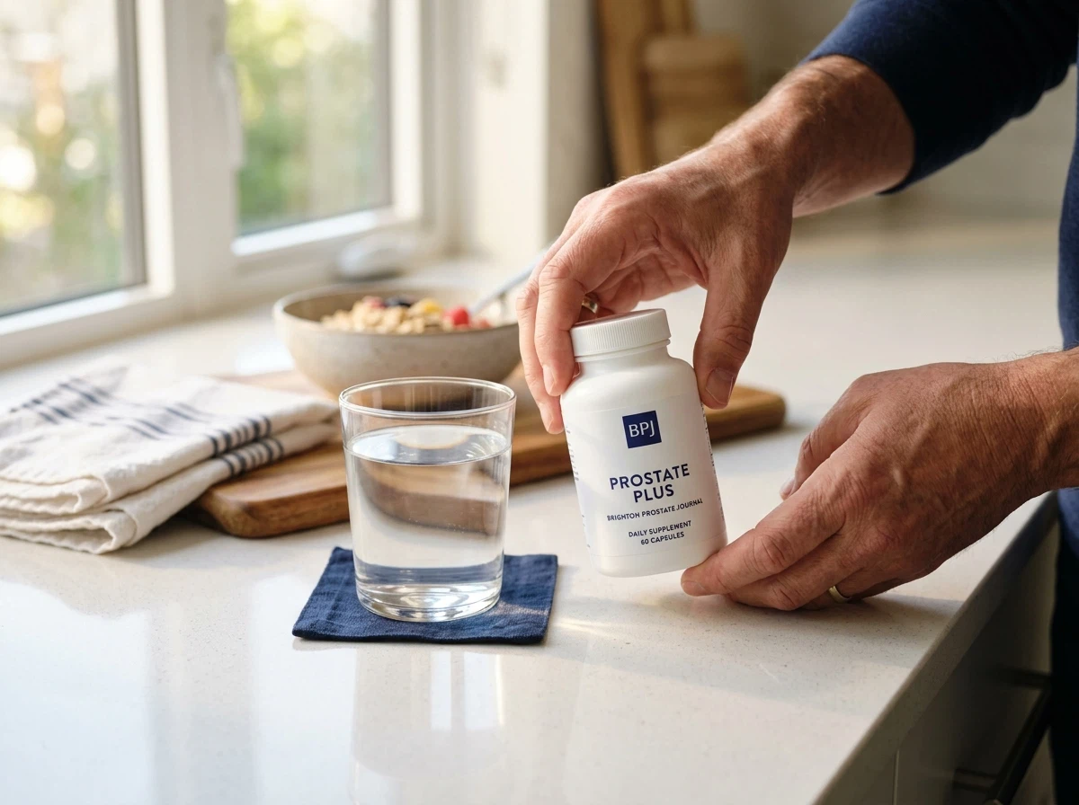 Handen plaatsen witte Alpha Drive fles naast glas water op een verlichte keukentafel